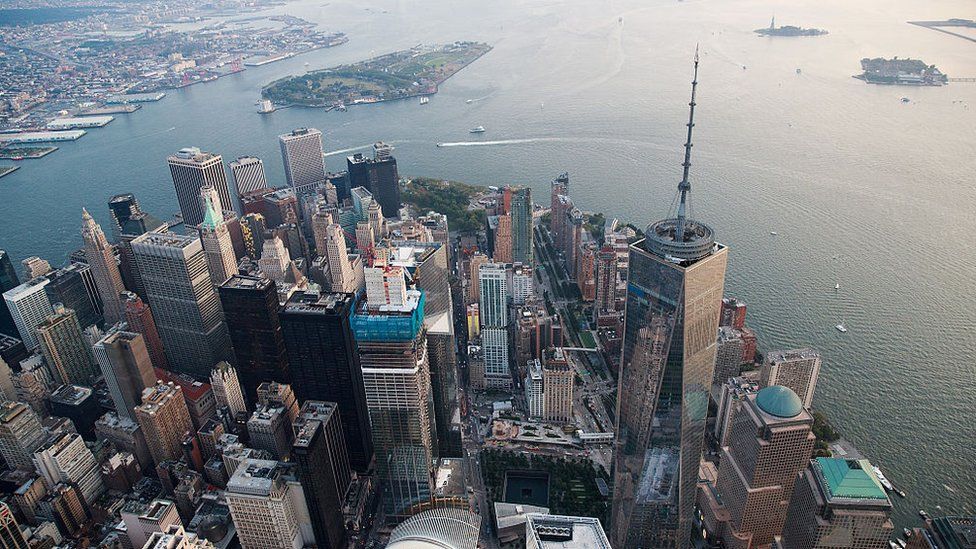 Aerial view of One World Trade Center in Manhatten