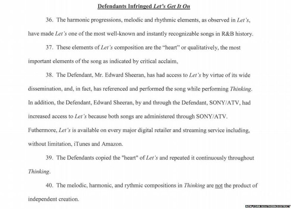 Court papers from the Ed Sheeran case