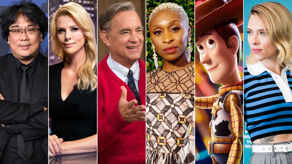 Bong Joon Ho, Charlize Theron in Bombshell, Tom Hanks in A Beautiful Day in the Neighborhood, Cynthia Erivo, Woody from Toy Story and Scarlett Johansson