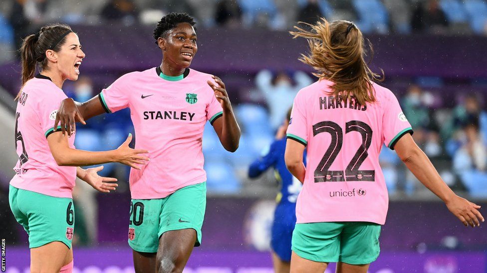 Nigeria's Asisat Oshoala (centre) celebrates scoring a goal in the European Women's Champions League for Barcelona which was later disallowed