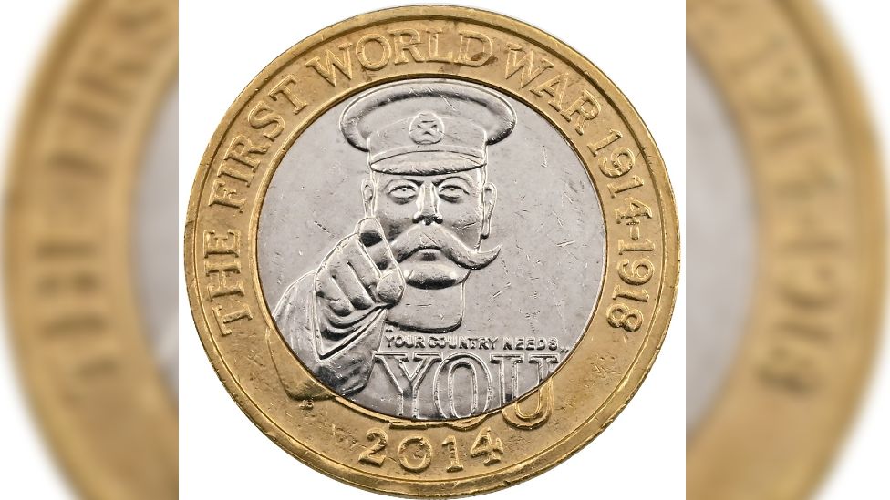 One side of the coin showing Lord Kitchener pointing