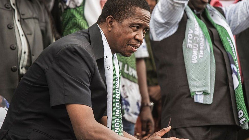 Zambian President Edgar Lungu looks on during his presidential campaign closing rally on August 10, 2016 in Lusaka.