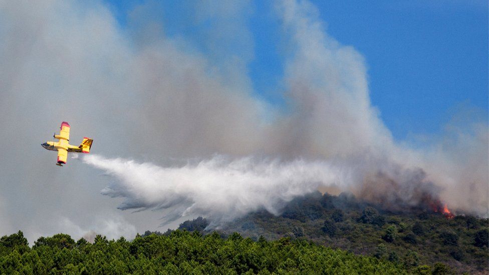 A yellow plane dumps water over a burning mountain forest in this file photo from the Tuscany region