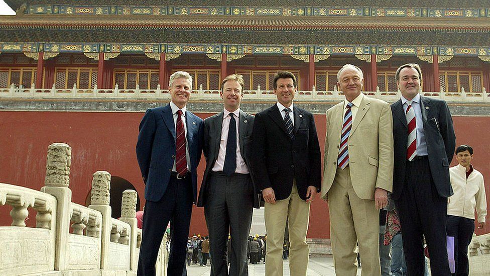Mayor of London, Ken Livingstone poses with other delegation members at the Forbidden City in Beijing