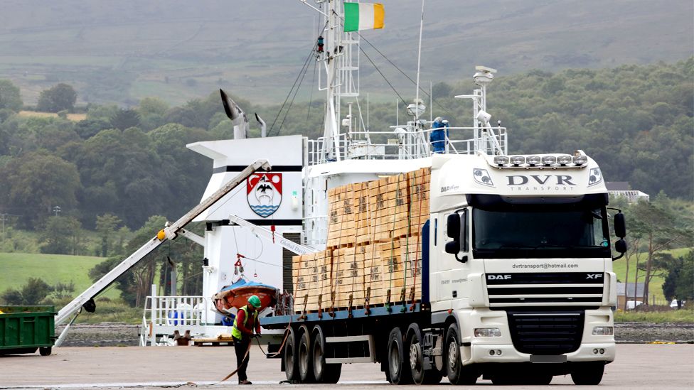 A truck is loaded at Warrenpoint Port in Newry, Northern Ireland on the border with the Ireland