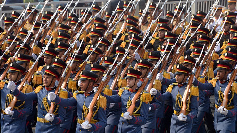 Members of the military contingent from Egypt, march during the full dress rehearsal for the upcoming Republic Day parade, on January 23, 2023 in New Delhi, India.