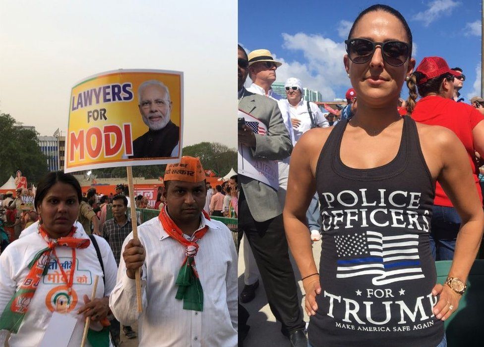 Composite image of people carrying lawyers for Modi signboard and a woman wearing a t-shirt with a police officers for Trump slogan
