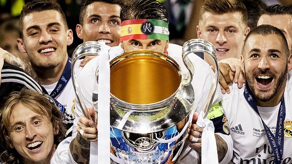 Sergio Ramos and Real Madrid teammates with the Champions League trophy