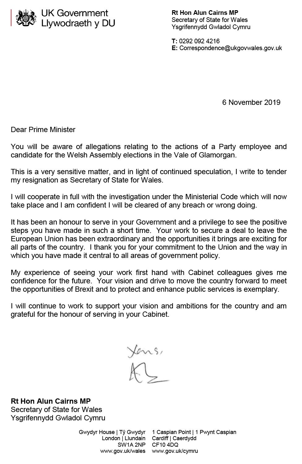 Alun Cairns' resignation letter