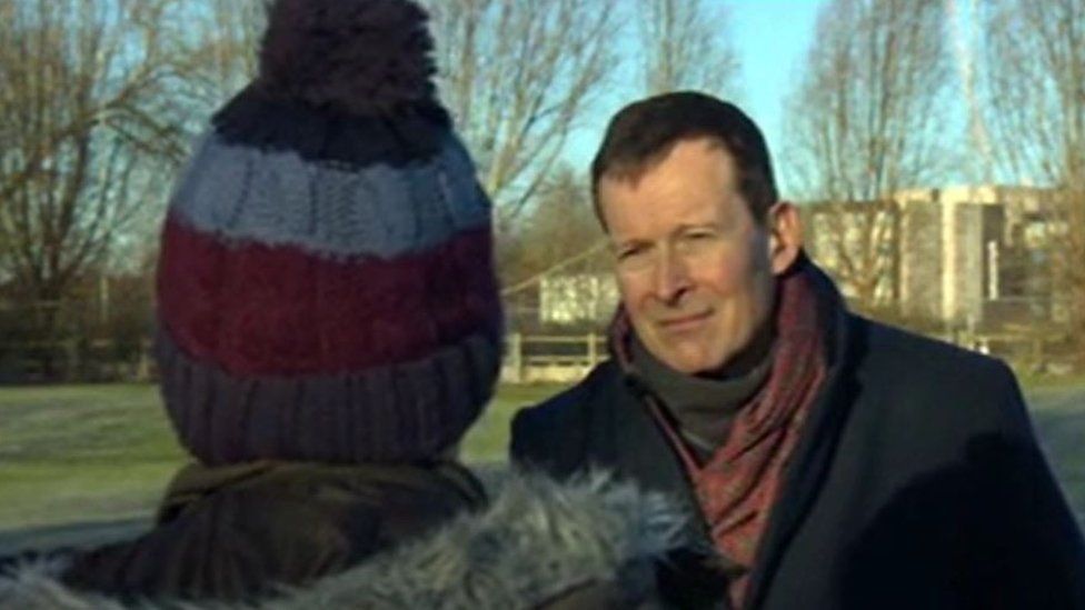 BBC reporter Giles Latcham interviewing an abuse survivor