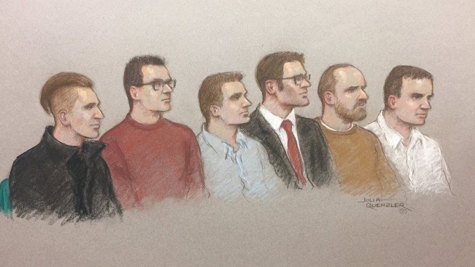 Courtroom sketch of Garron Helm, Michal Trubini, Andrew Clarke, Matthew Hankinson, Christopher Lythgoe and Jack Renshaw appearing at the Old Bailey on 11 June 2018