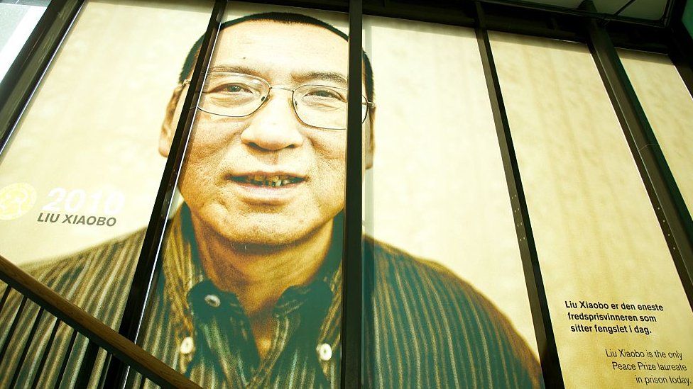 A picture of the 2010 Nobel Peace Prize Laureate Liu Xiaobo is seen at The exhibition ?Be Democracy? at The Nobel Peace Center on October 11, 2014 i