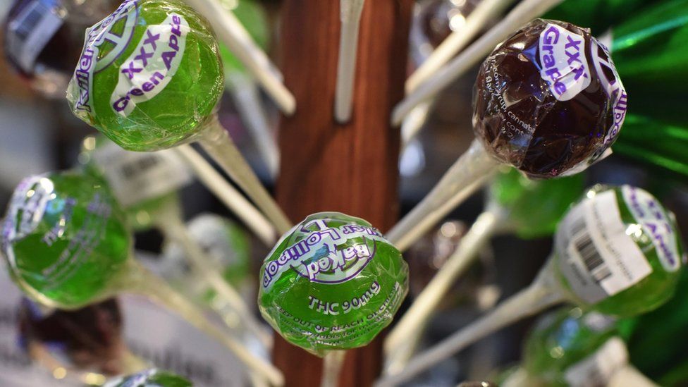 Lollipops containing THC, the chemical in which makes users high, on sale in California where the drug has been legalised.