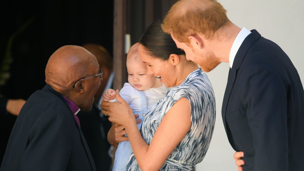 Prince Harry, his wife Meghan and their son Archie meet Archbishop Desmond Tutu in Cape Town, South Africa in September 2019