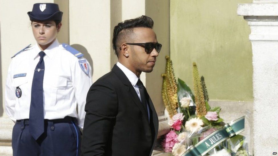 Lewis Hamilton arrives at Jules Bianchi's funeral in Nice on 21 July 2015