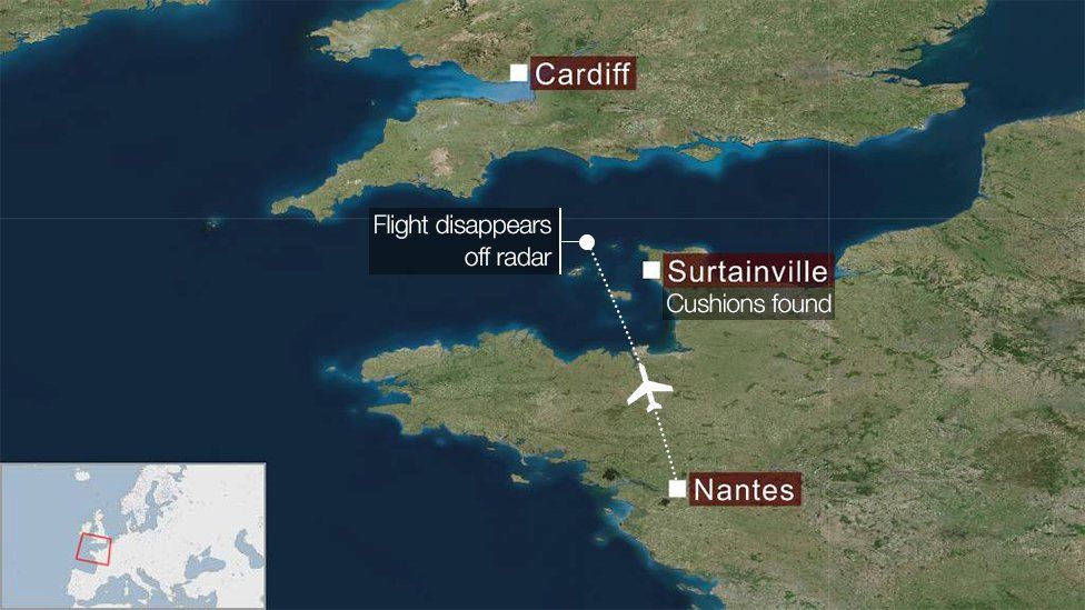 Map showing where Sala's plane disappeared from radar en route to Cardiff from Nantes