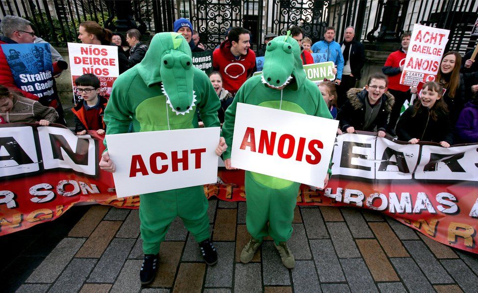 People dressed in crocodile outfits attend a protest in support of Irish language law