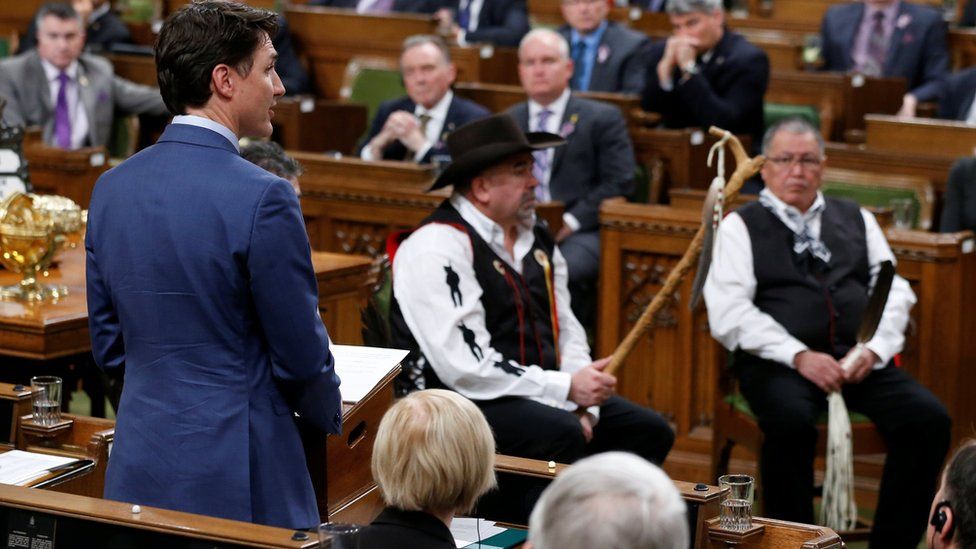 Canada's Prime Minister Justin Trudeau delivers a statement of exoneration to the Tsilhqot"in Nation and the descendants of six Tsilhqot"in Chiefs in the House of Commons on Parliament Hill in Ottawa, Ontario, Canada on 26 March 2018.