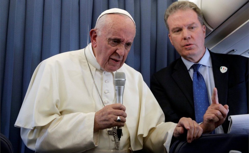 Pope Francis speaks to journalists during his flight back from Dublin on 26 August, 2018.