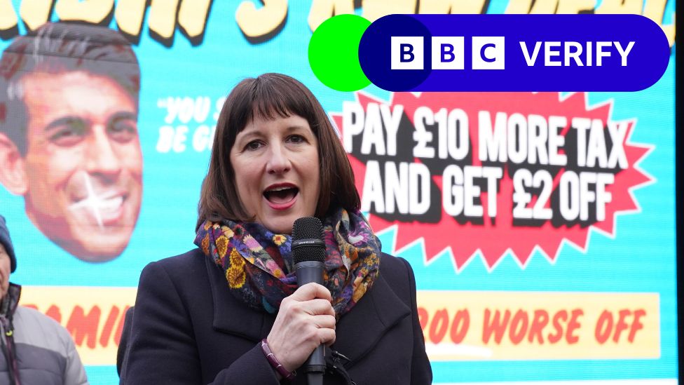 Shadow chancellor Rachel Reeves in front of a campaign poster