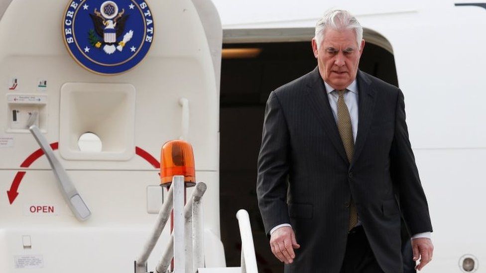 U.S. Secretary of State Rex Tillerson steps off his plane as he arrives to the presidential hangar in Mexico City, Mexico February 1, 2018