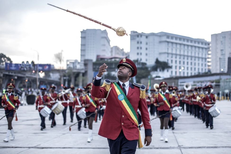A drum major of Ethiopia's Republican March Band throws his baton in Addis Ababa, Ethiopia - Sunday 8 August 2021