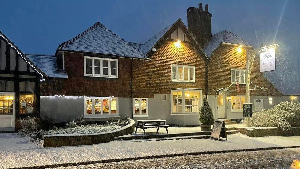 The Bear Inn amid heavy snowfall