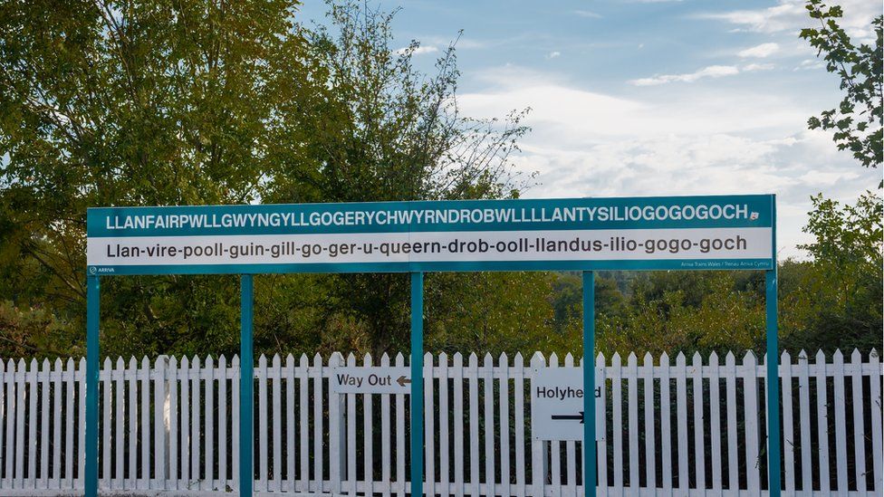 The sign for Llanfairpwllgwyngyllgogerychwyrndrobwllllantysiliogogogoch - also known as the "place with a really long name"