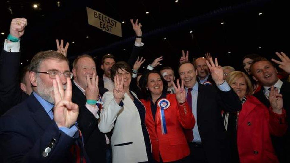 DUP leader Arlene Foster and party colleagues celebrate winning three seats in North Belfast
