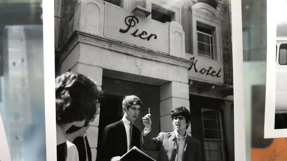 The Beatles outside the Royal Pier Hotel
