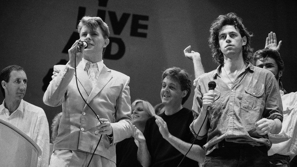 Bowie performing at Live Aid, alongside Pete Townshend, Paul McCartney and Bob Geldof
