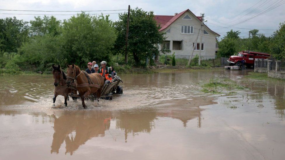People travel through a flooded street in Ukraine on a horse and cart
