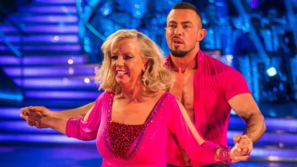 Deborah Meaden and Robin Windsor performing the Cha Cha Cha to Aretha Franklin’s‘ Respect’ during rehearsal for Strictly Come Dancing