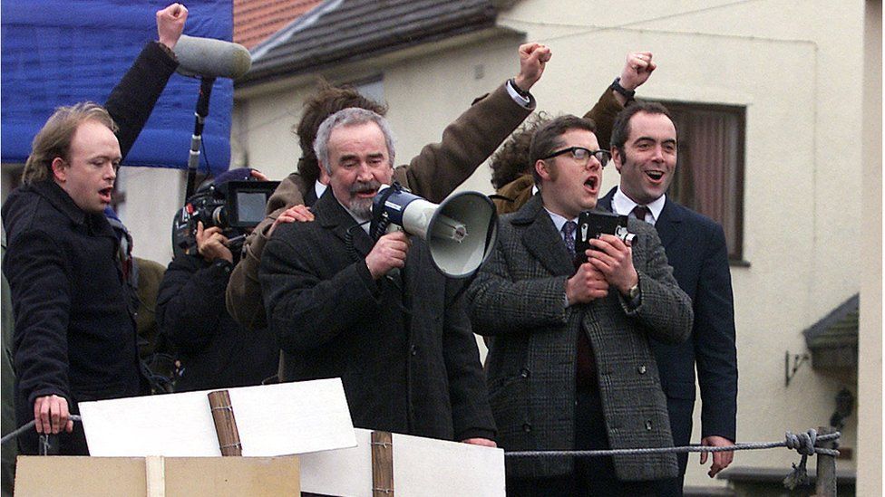 At filming of the Bloody Sunday movie in 2001, James Nesbitt, far right, plays Ivan Cooper