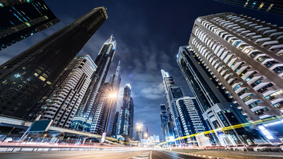 Dubai buildings seen from below