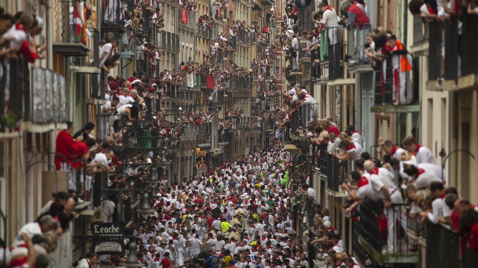Thousands watch the San Fermín festival in Pamplona July 2018