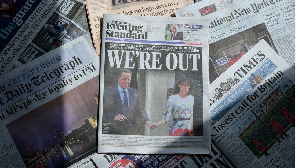 An arrangement of newspapers show the result of the UK's vote to leave the EU in the June 23 referendum.