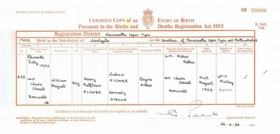 William Fisher's birth certificate