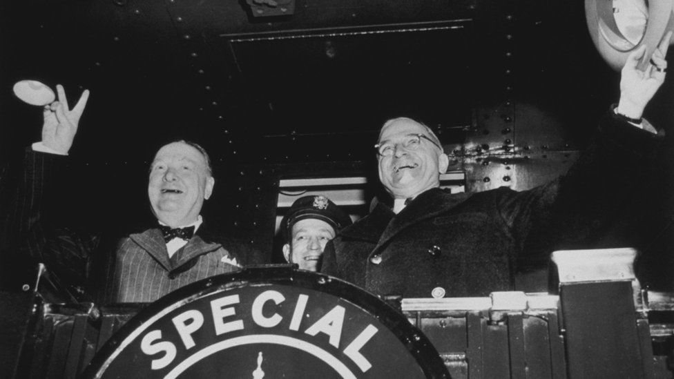 Winston Churchill with US President Harry Truman., leaving for Fulton, Missouri, where Churchill made his famous 'Iron Curtain' speech, 1946