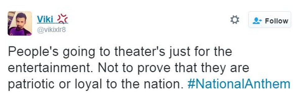 People's going to theater's just for the entertainment. Not to prove that they are patriotic or loyal to the nation. #NationalAnthem