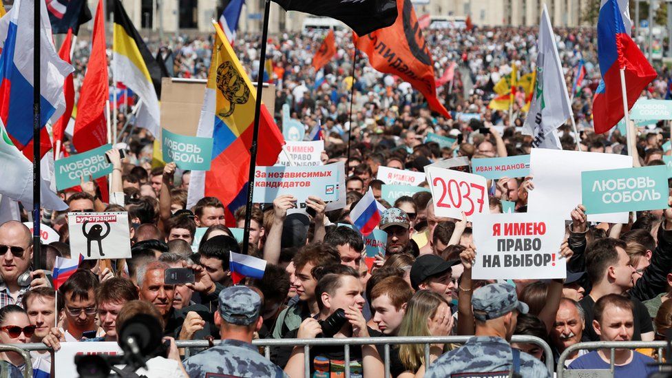 Protesters take part in the rally in Moscow