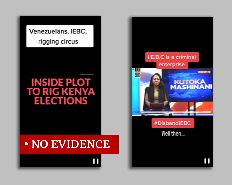 Screenshots of two Tiktok videos. Left hand image says "Inside plot to rig Kenya elections" and on the right: "IEBC is a criminal enterprise". Labelled "no evidence"