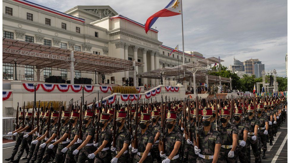 Military officers march during a parade rehearsal, a day before the inauguration of president-elect Ferdinand "Bongbong" Marcos Jr., outside the National Museum in Manila, Philippines, June 29,