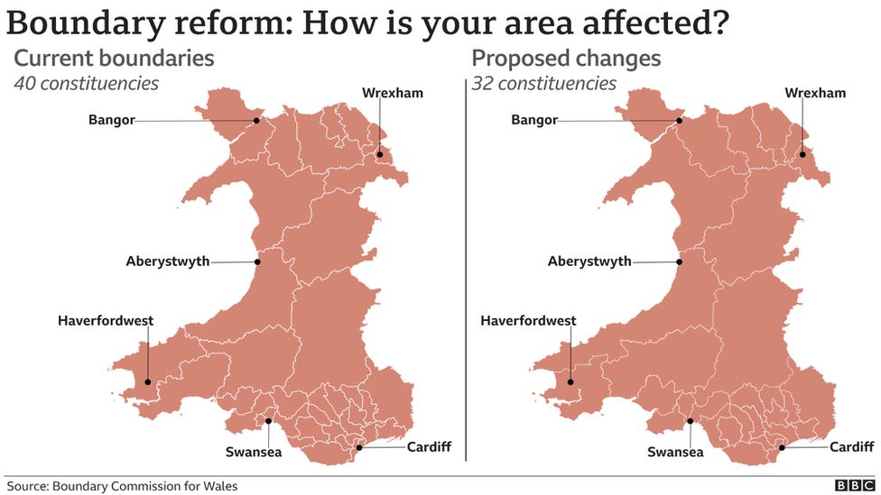 A graphic showing Wales' current constituencies and the proposed changes