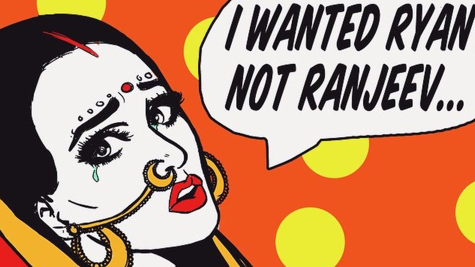 Art by Maria Qamar with woman in traditional Indian jewellery accessories saying 'I wanted Ryan not Ranjeev