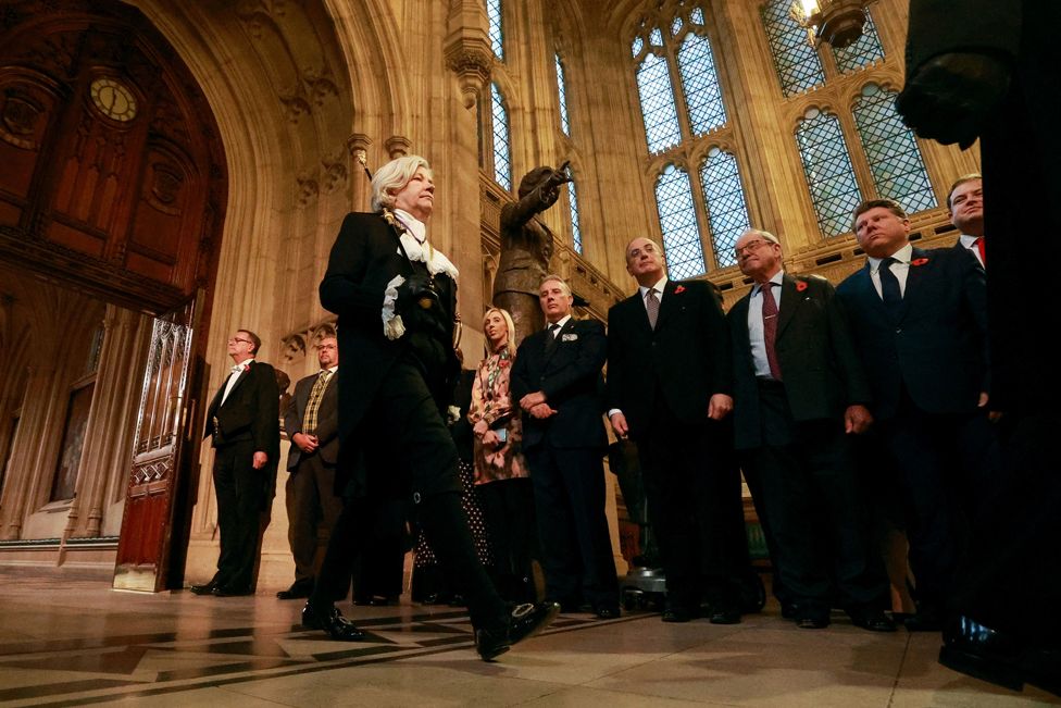 Black Rod Sarah Clarke, walks through the Members' Lobby at the Palace of Westminster ahead of the State Opening of Parliament in the House of Lords, London.