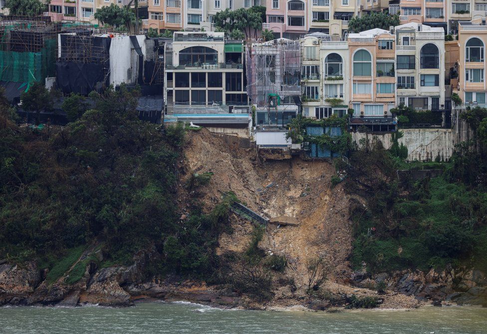 A view shows the aftermath of a landslide beneath luxury houses in the high-end Redhill Peninsula in Tai Tam after heavy rain days ago in Hong Kong