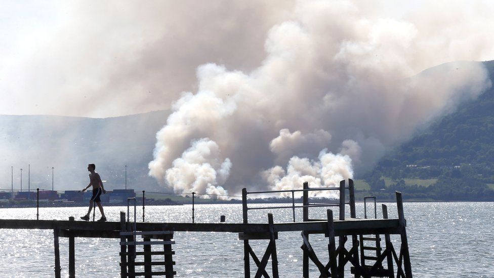Gorse fire pictured from across the Belfast docks