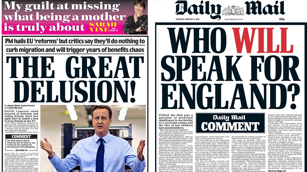 Two front pages from the Daily Mail - the headlines read: 'The great delusion' and 'Who will speak for England'