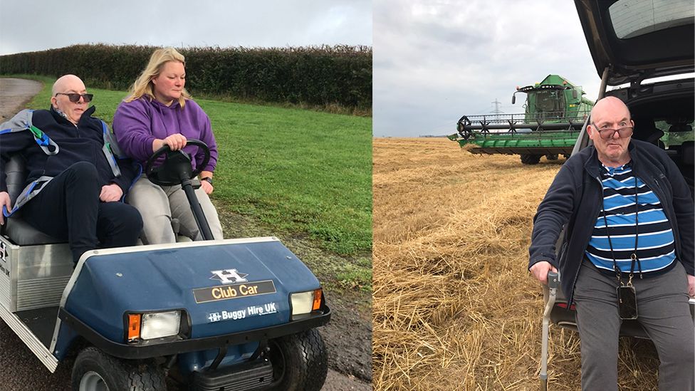 Two photos, one showing Roger on the farm strapped to a golf buggy with daughter Kate Jones driving and another with him leaning on the bumper of a car in a field with a combine harvester harvesting wheat